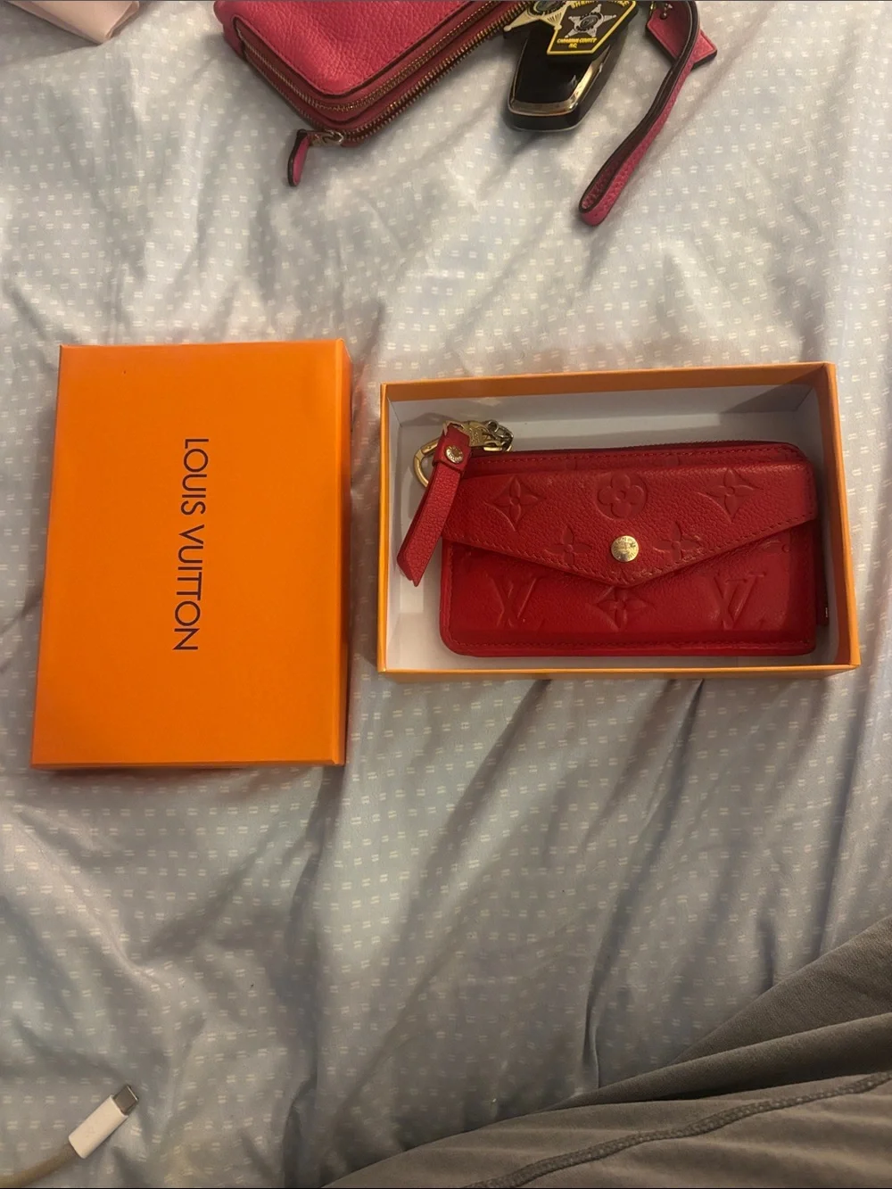 Red Embossed Leather Key Pouch with Gold Hardware